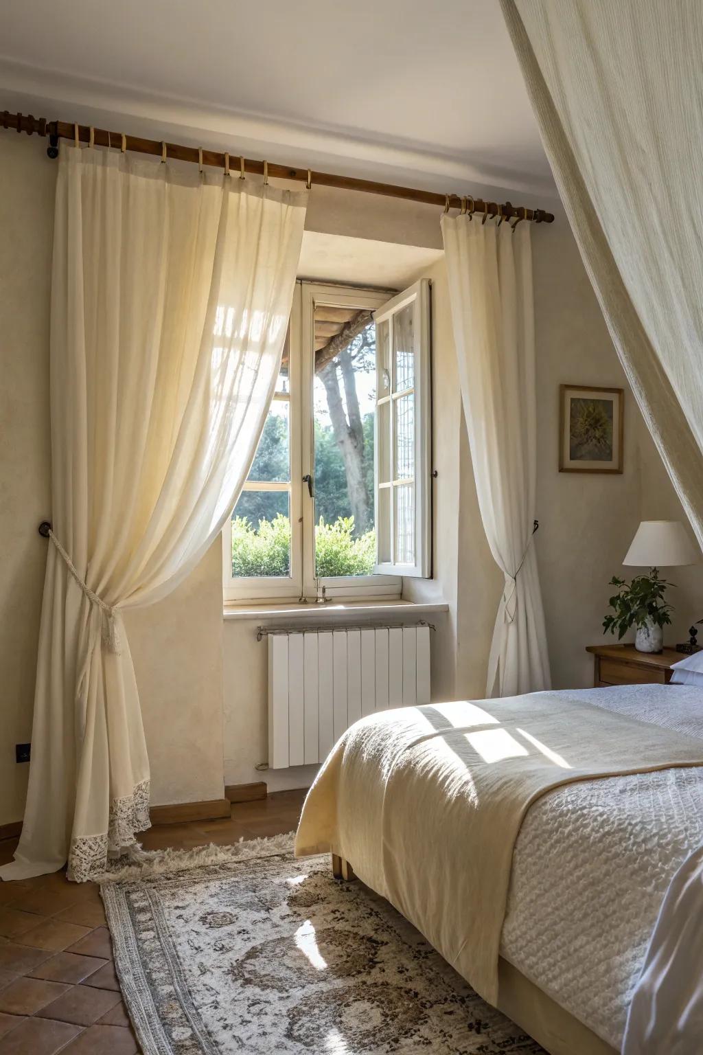 Light curtains enhance natural light in a compact bedroom.