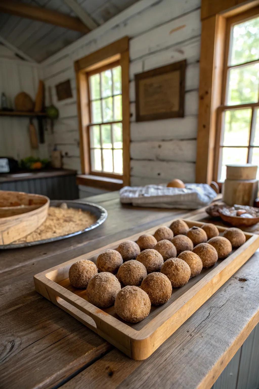 Timber segment-embellished orbs for a countryside-inspired sensation