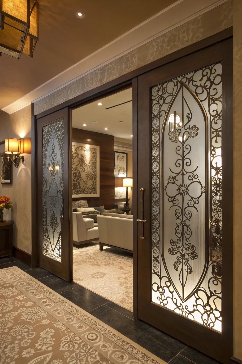 Artistic glass doors provide both art and privacy.