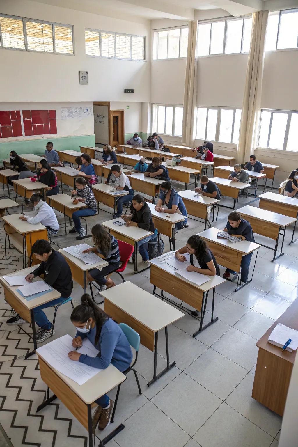 Zigzag desk arrangements append an unexpected twist to the classroom setting.