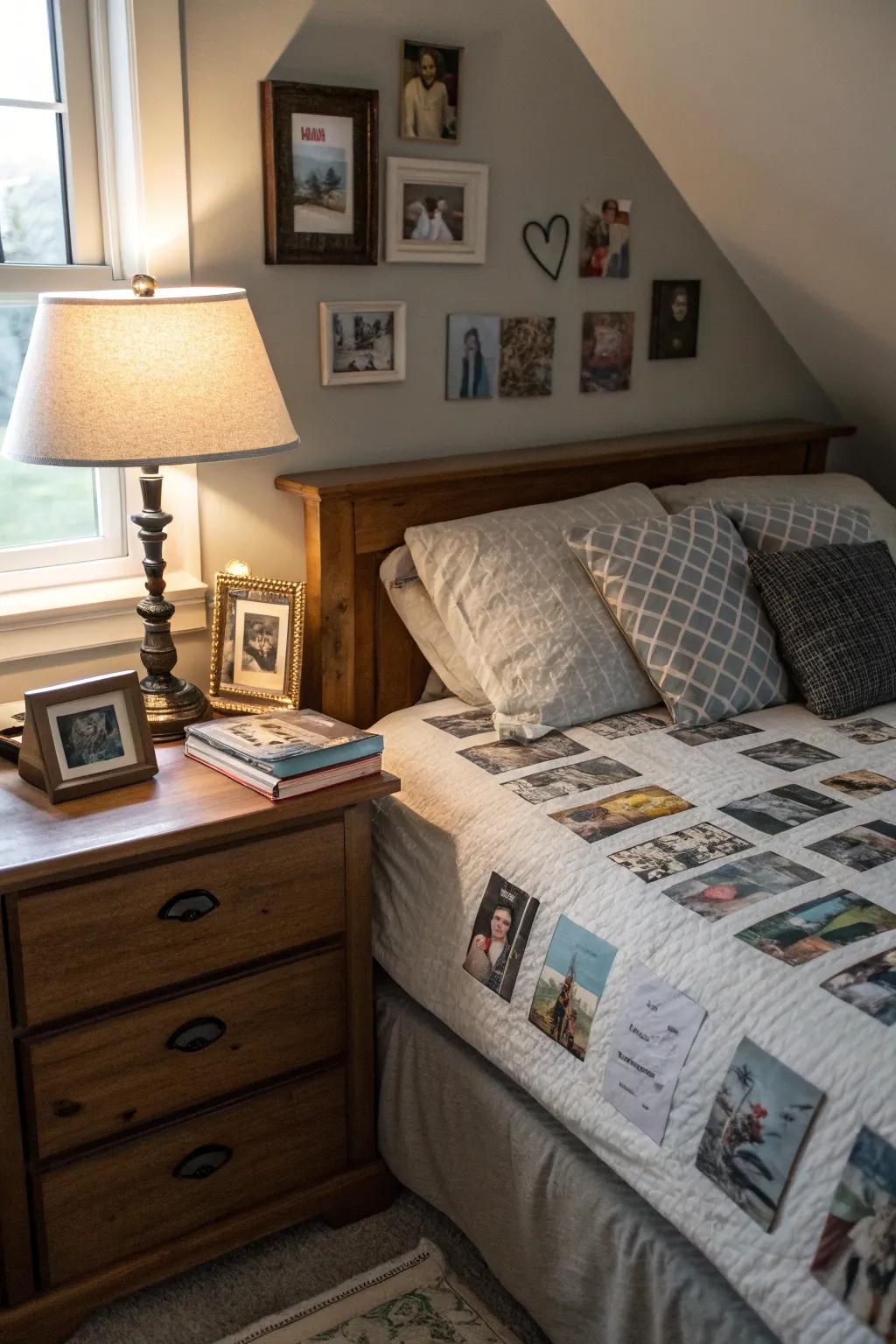 Personal decor elements make the bed area arranged diagonally feel like home.