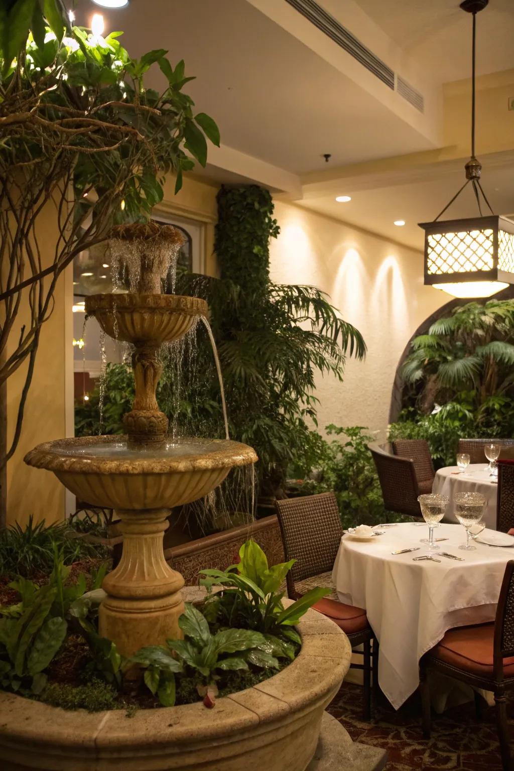 An indoor spring adds a soothing element to the dining room.