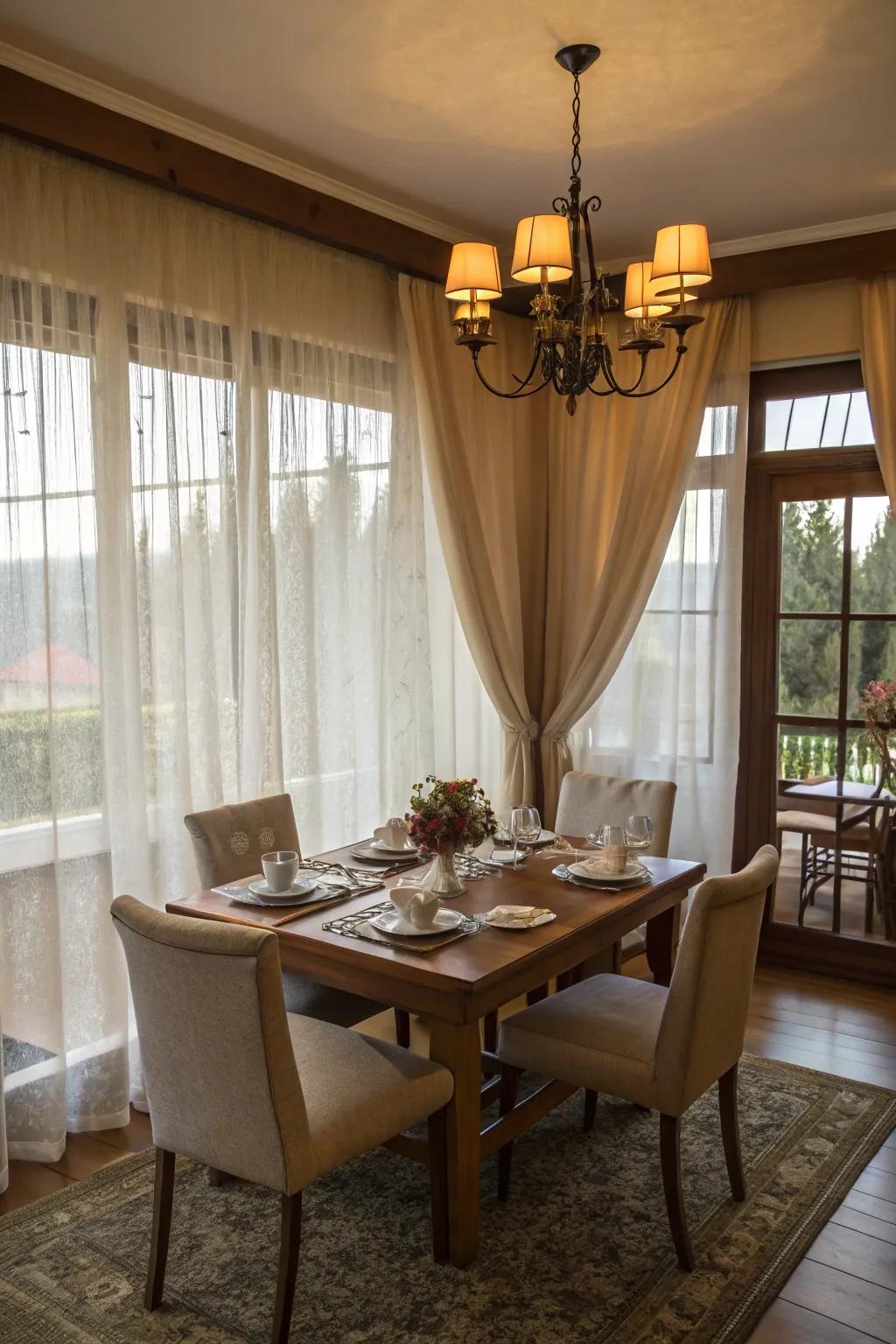 Clear coverings providing an airy elegance to the dining room.