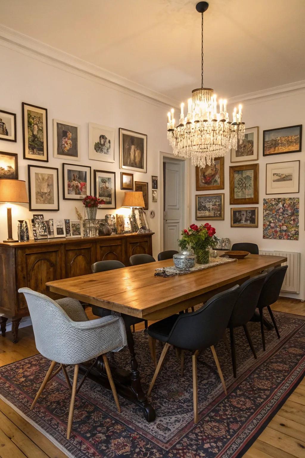 A mix of modern and traditional elements creates a balanced dining room.