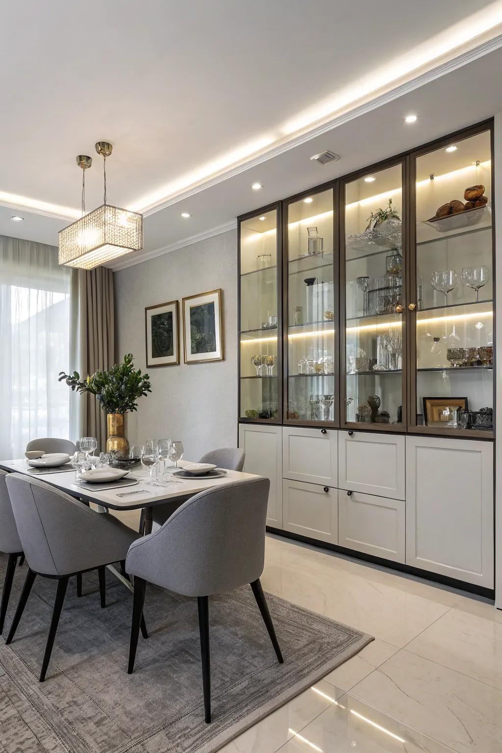 Floating cabinets add a modern touch while keeping items hidden.