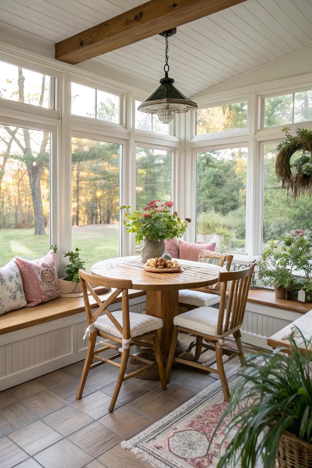 A repurposed sunroom as a dining nook merges function with creativity.