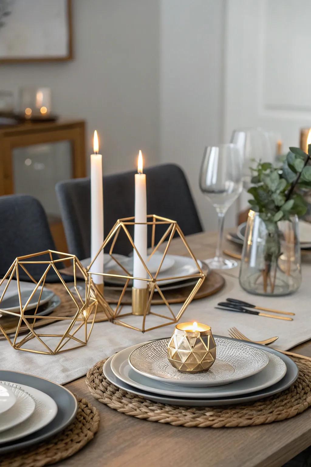 Geometric designs inject a modern flair into traditional dining table arrangements.