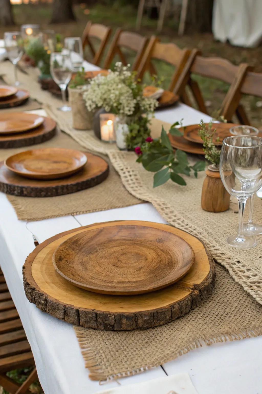 A rustic table setting featuring timbered plate supports and hempen walkways.
