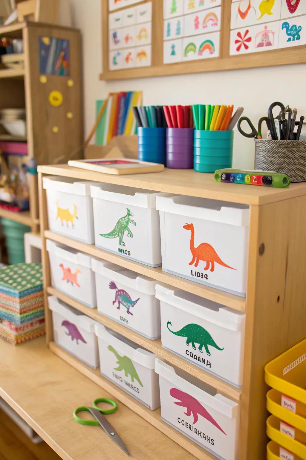 Dinosaur decals on compartments contributing a playful element to arrangement.