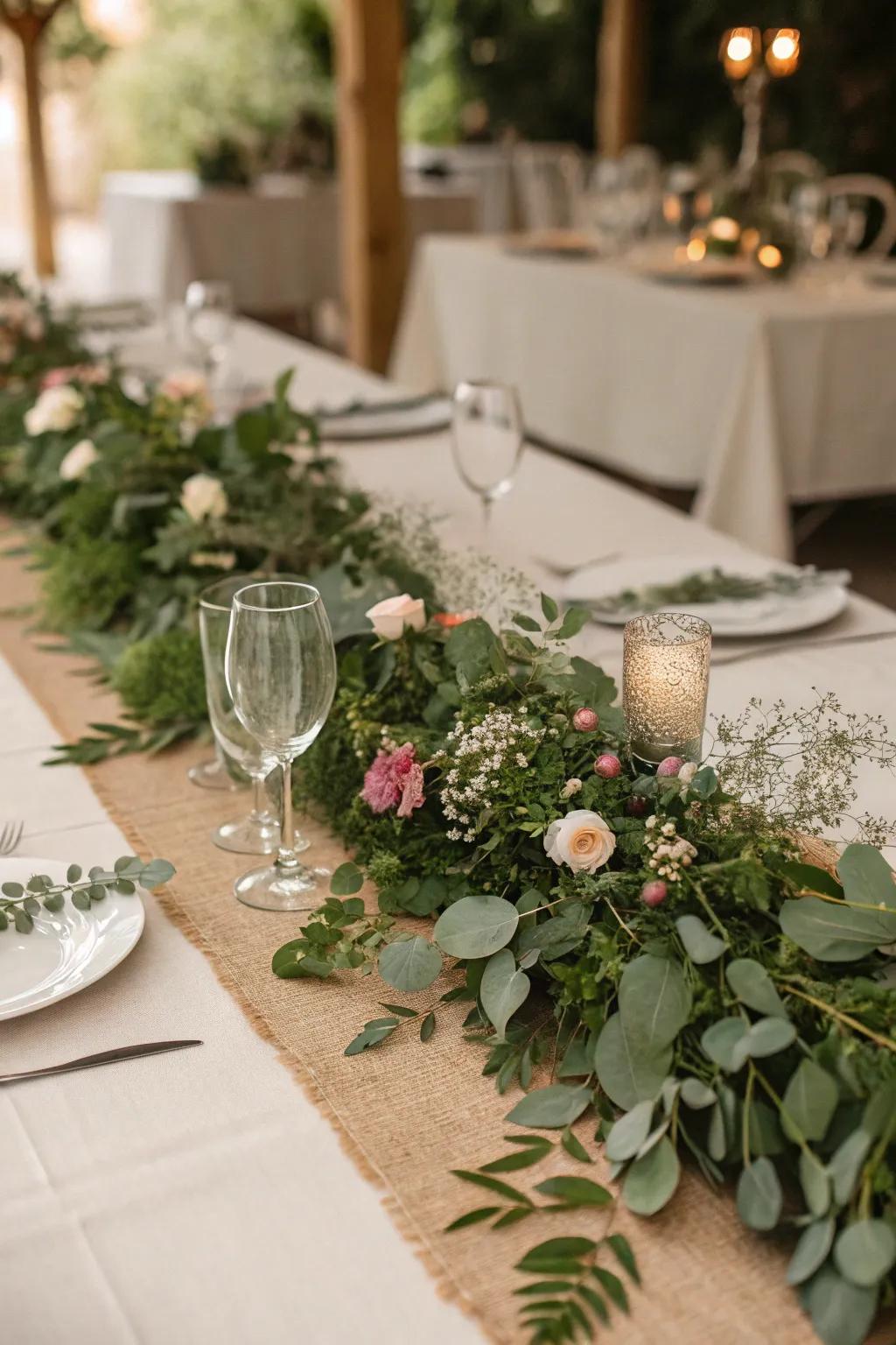 Transform tables with lush botanical paths.