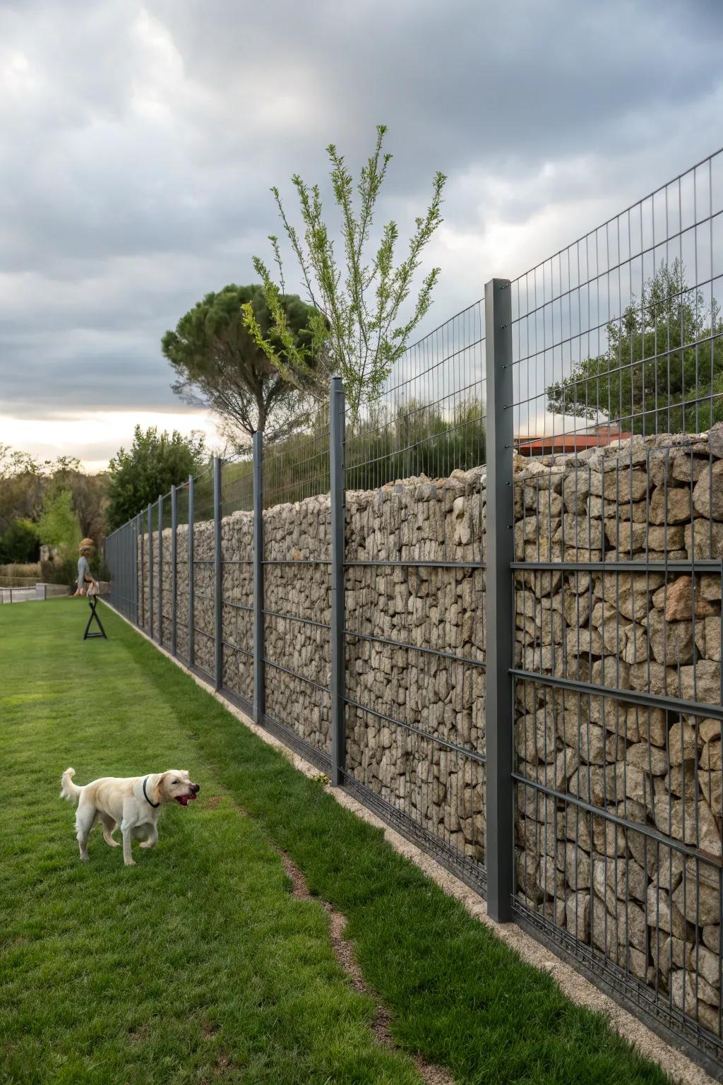 An impressive and industrial gabion wall makes a striking statement.
