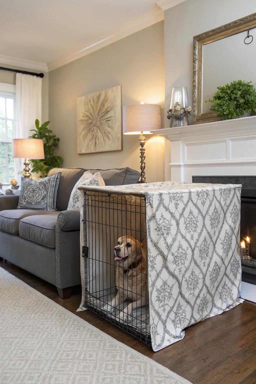 A concealed canine crate showcasing a fashionable covering that seamlessly integrates into the social space's aesthetic.