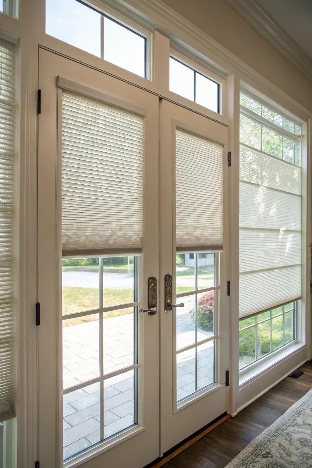 Cellular shades furnish privacy and energy efficiency for door windows.