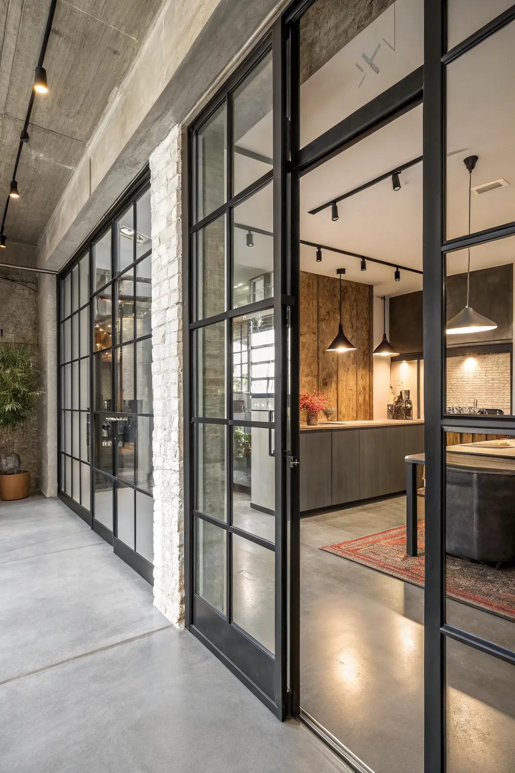 Realize an industrial chic aesthetic utilizing steel-framed panels.