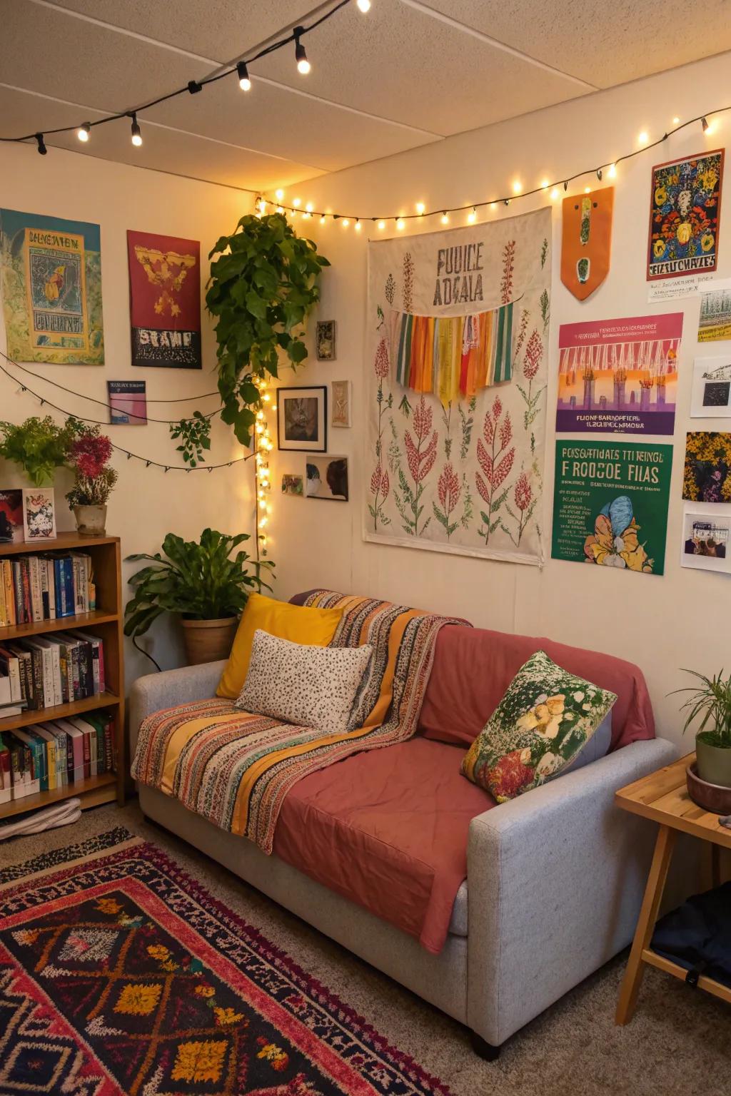A small sectional sofa offers plenty of seating in this compact dorm room.