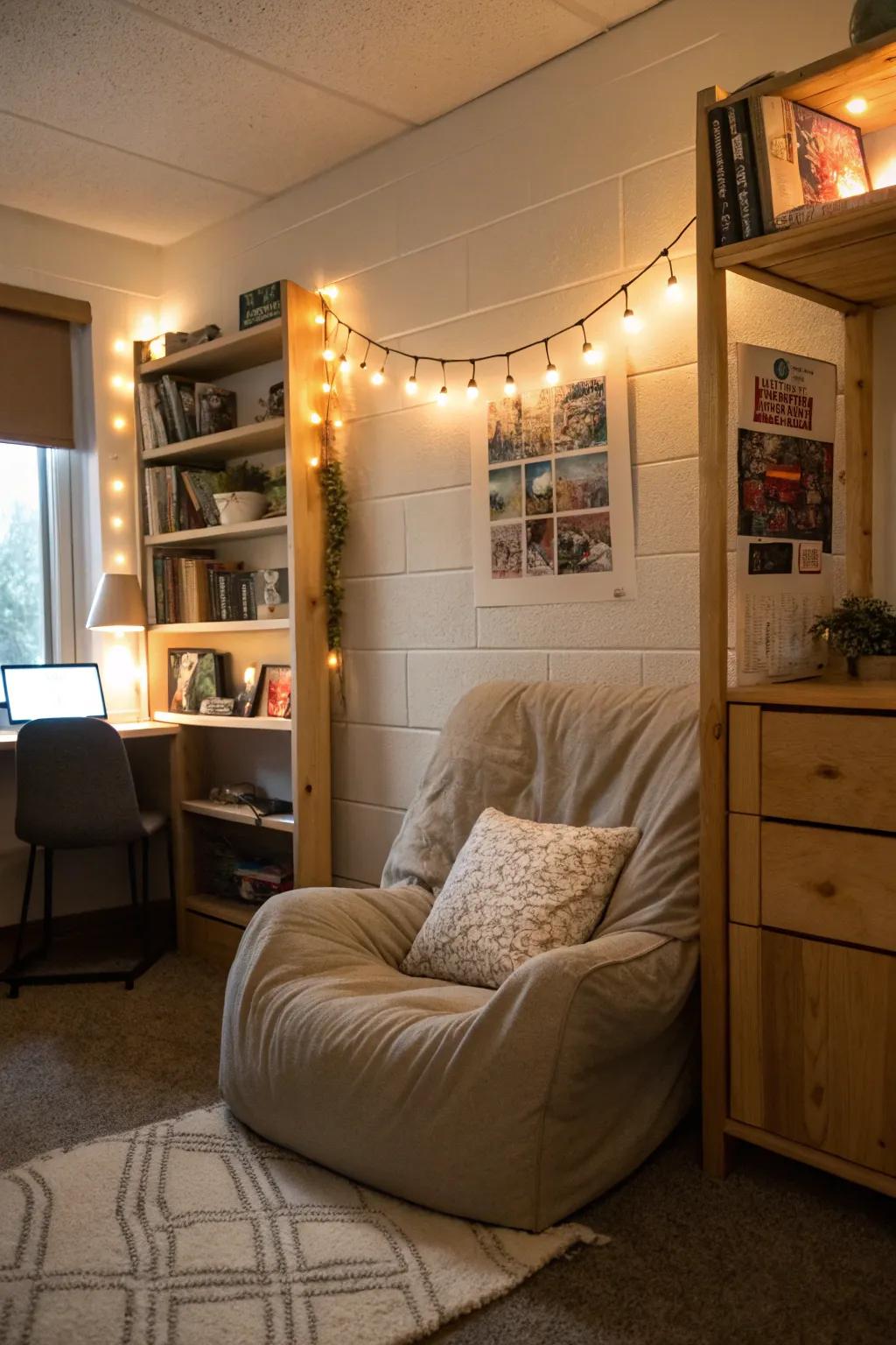 A cozy reading nook provides a perfect retreat for relaxation.