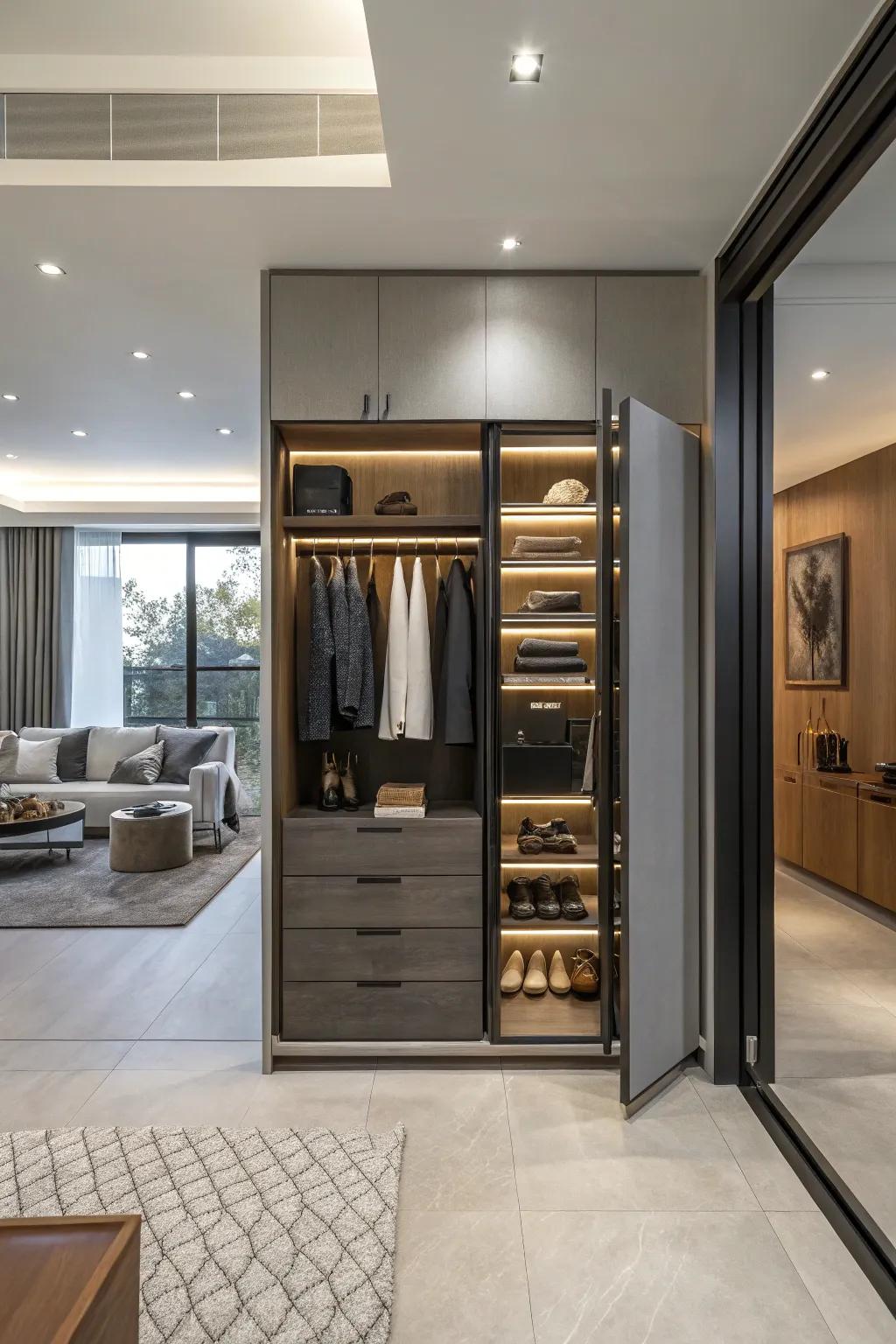 Hidden compartments in a double closet offer both security and intrigue.