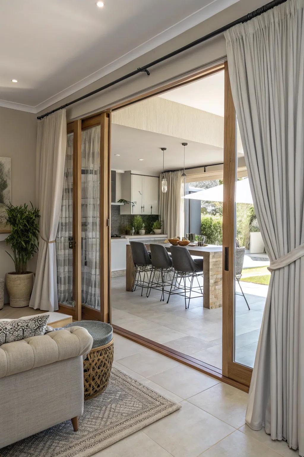 Layered curtains suit sliding doors beautifully.
