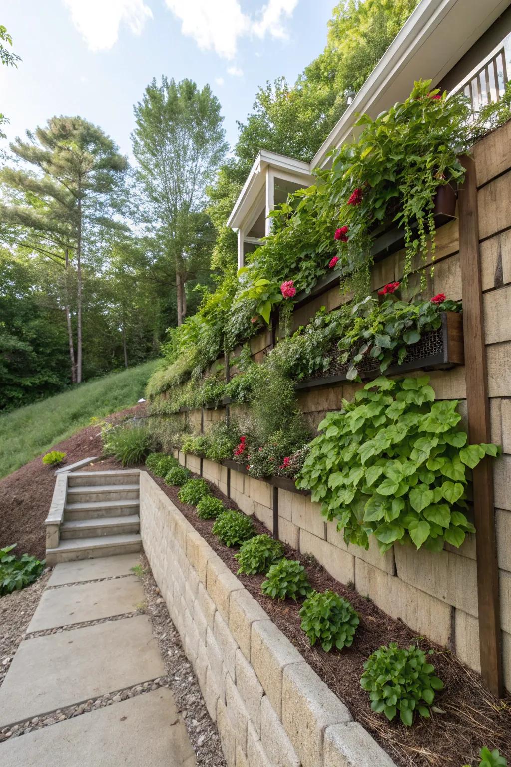 Vertical gardening contributes lush life to the vertical expanses of a sloped yard.