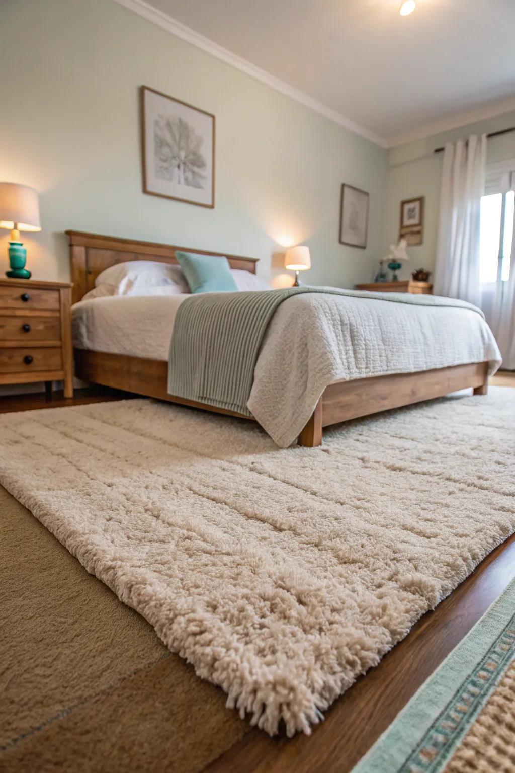 A plush area rug imparts comfort and warmth to the bedroom.