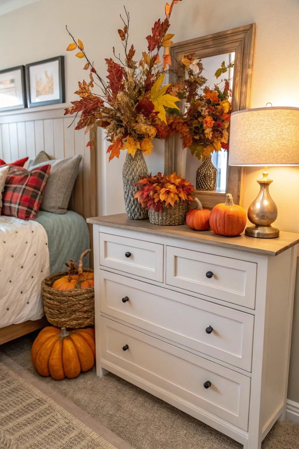 Seasonal decor sustains a fresh and inviting dresser appearance.