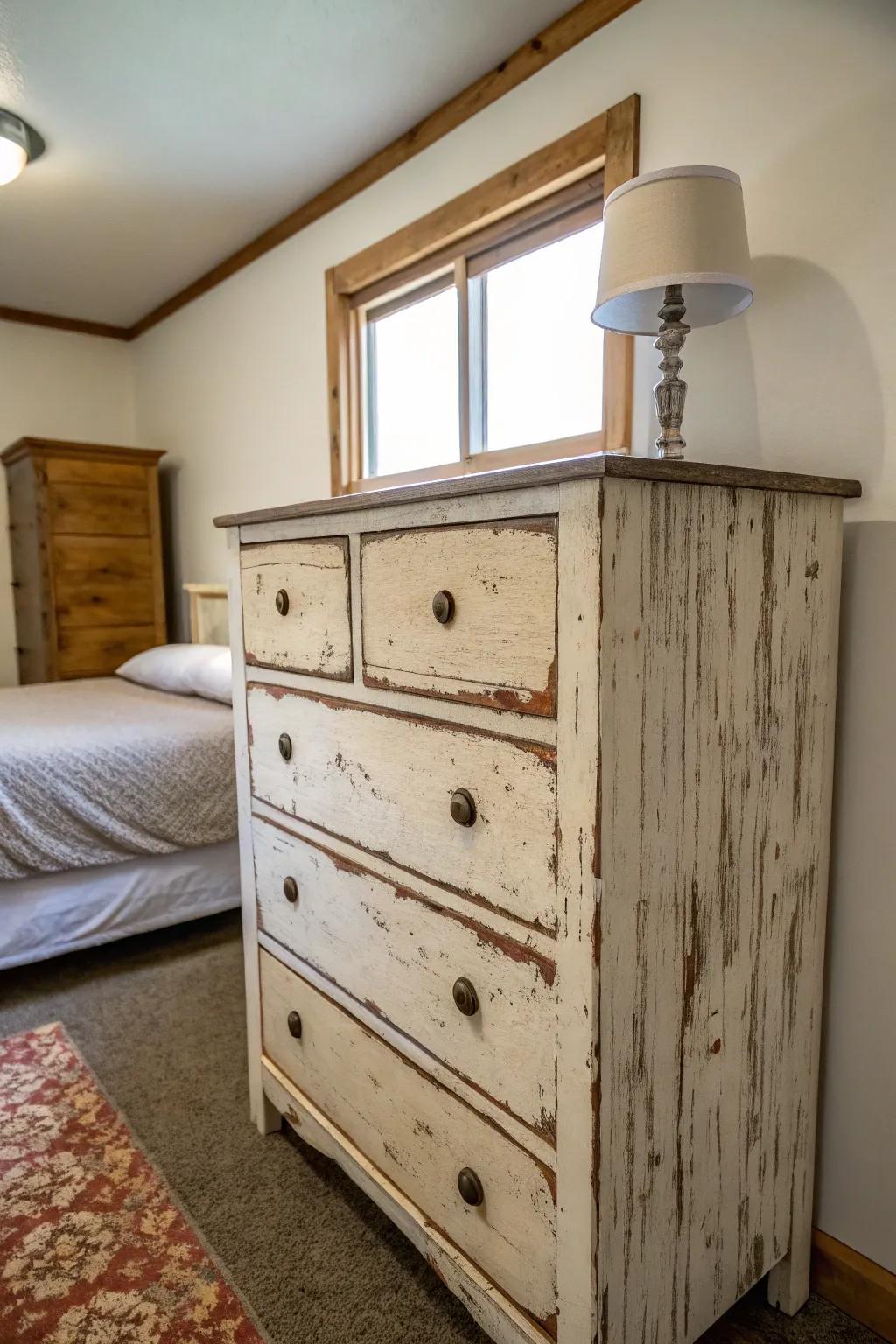 A worn dresser adding antique appeal to a modern small bedroom.