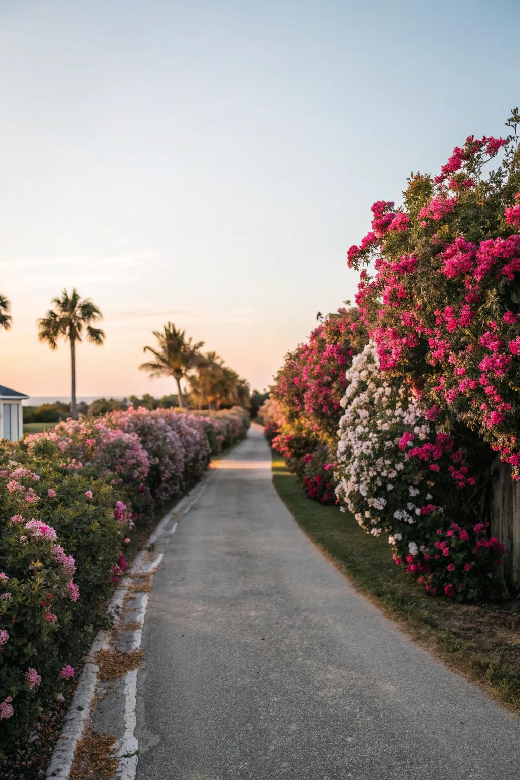 Flowering hedges enriching a driveway with romance and color.