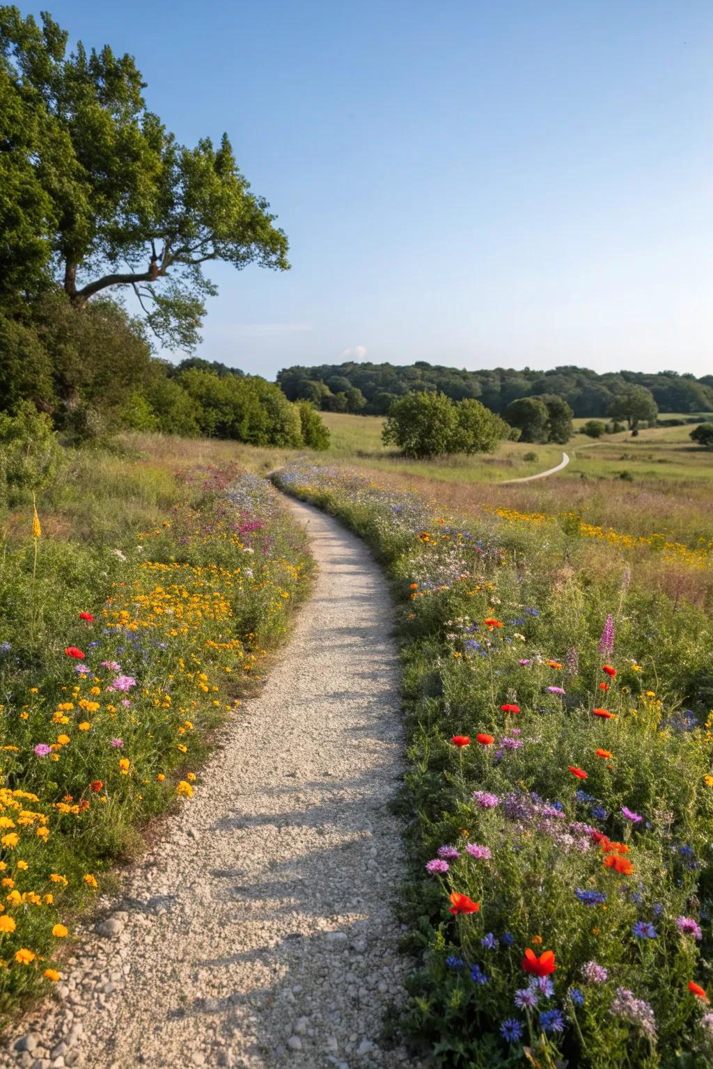 A gravel path decorated with vibrant wildflowers.
