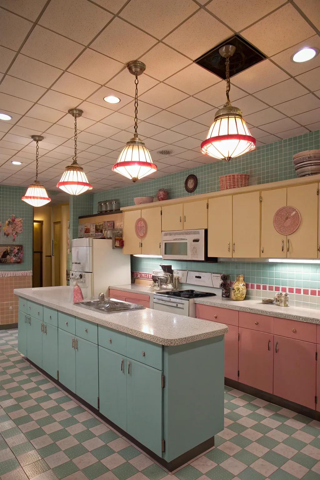 Past-era components contribute playful charm to this culinary space.