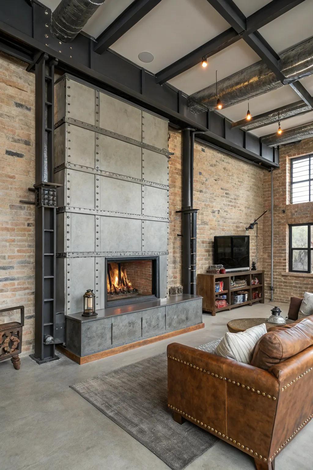 Metal accents give a sheetrock fireplace an industrial look.