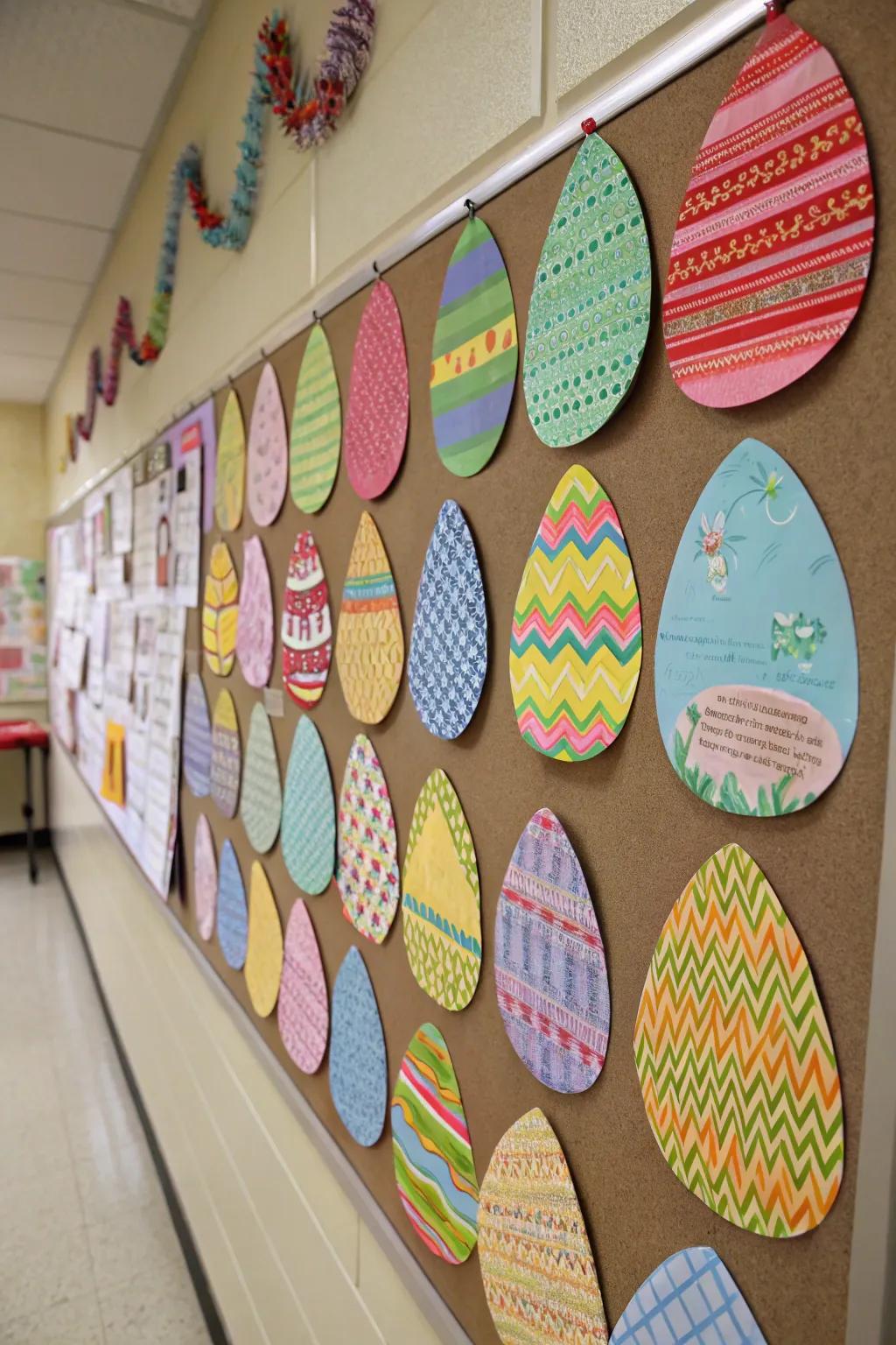 Eggs crafted from patterned paper, adding dynamic texture.