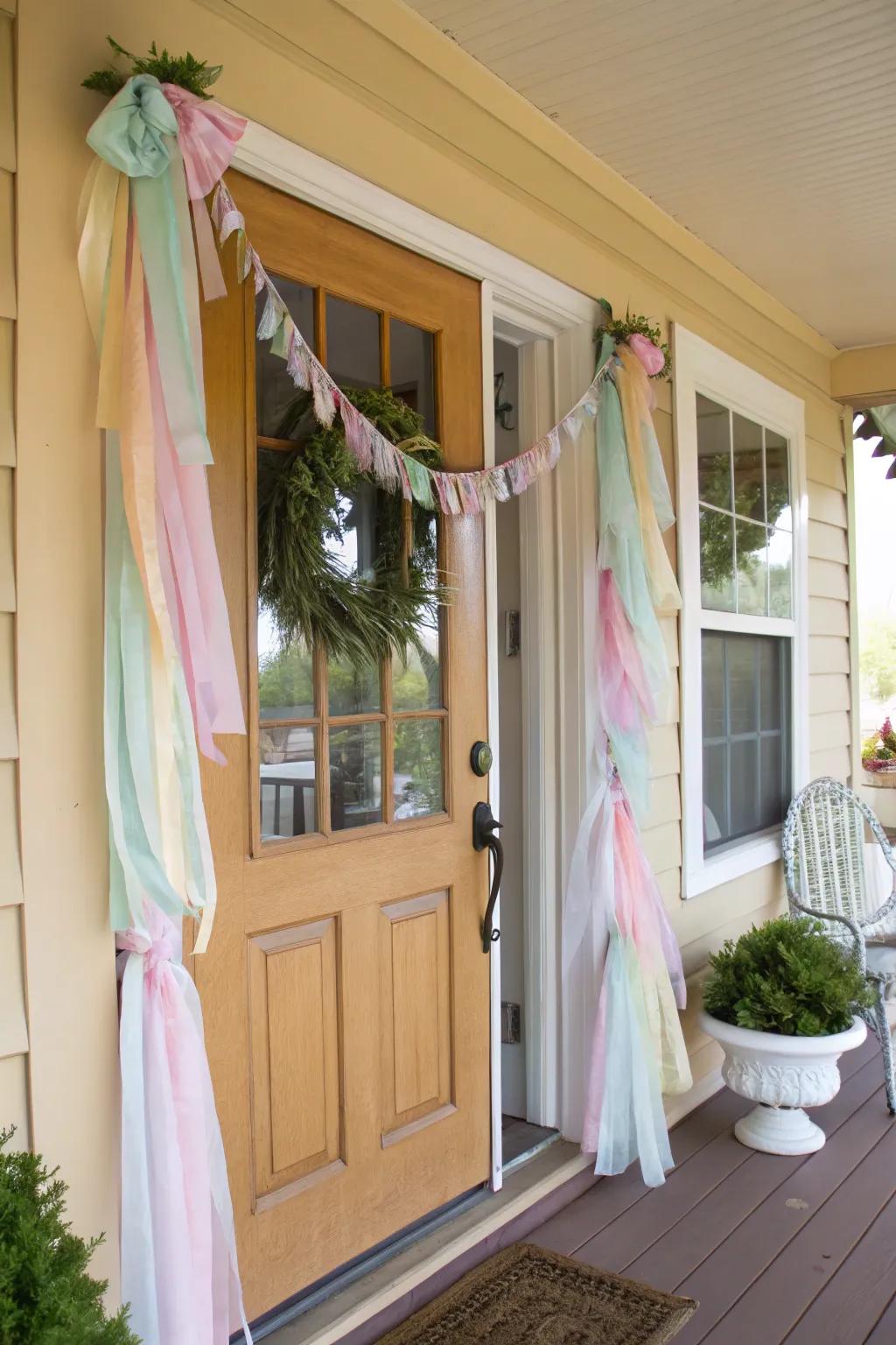 A pastel strip swag injects colorful movement into the entrance.