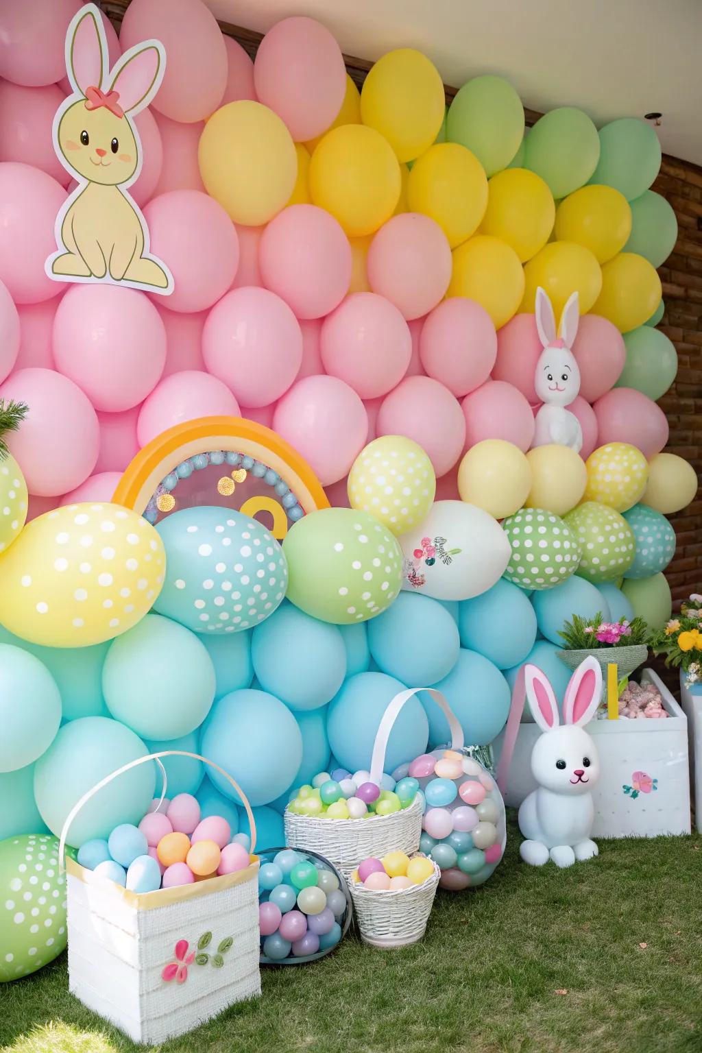 A vibrant balloon backdrop adds a playful element to Easter photos.