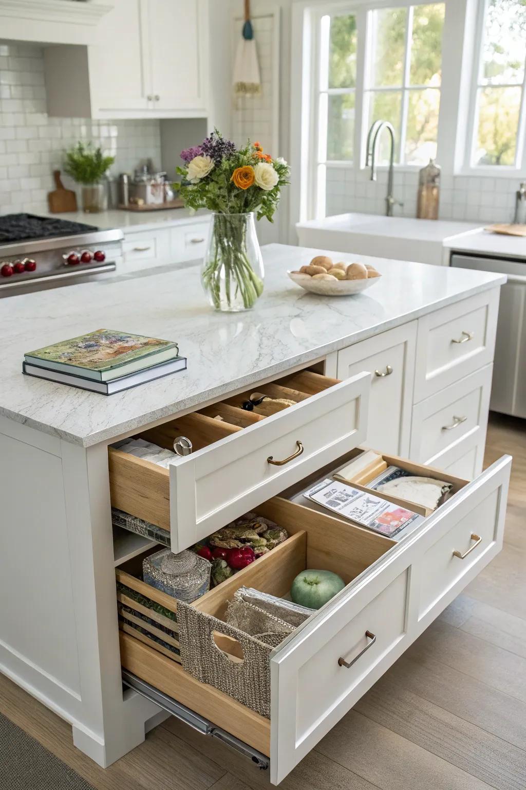 An island featuring clever concealed storage for a clutter-free kitchen.