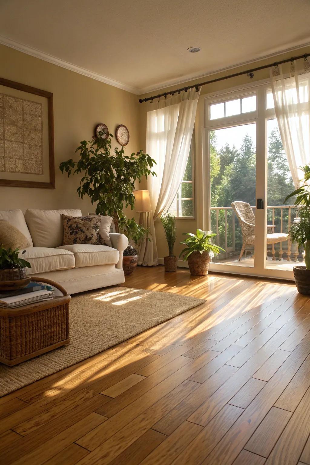 A sunlit living area showcases luxurious bamboo flooring, enhancing its eco-conscious appeal.