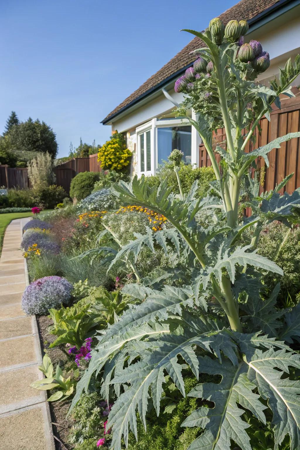 Exotic edibles such as globe artichoke introduce an innovative touch to the garden.