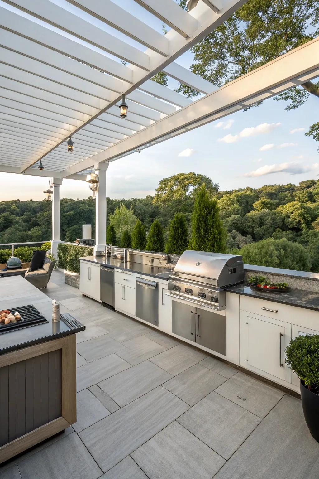 Outdoor kitchens enhance patio use by combining cooking and socializing.