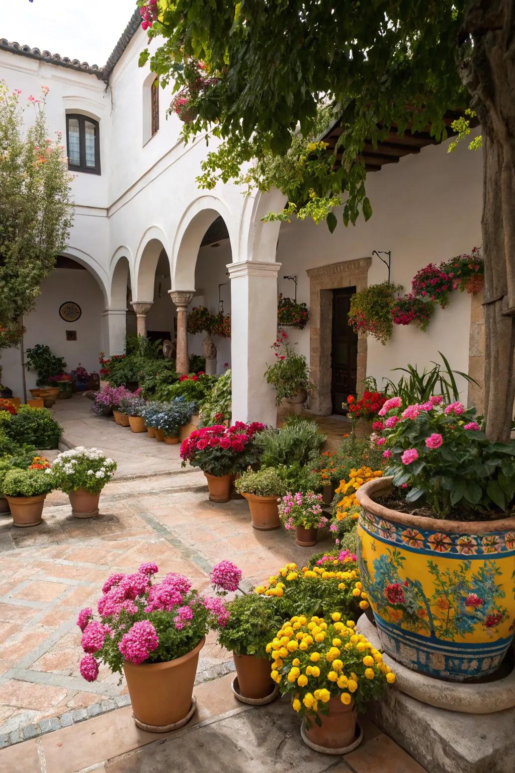 Brighten your courtyard with colorful floral accents.