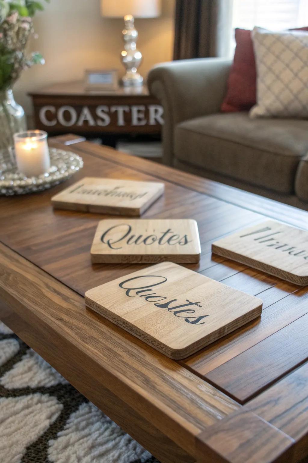 Etched beverage holders contribute personality and humor to your living space.