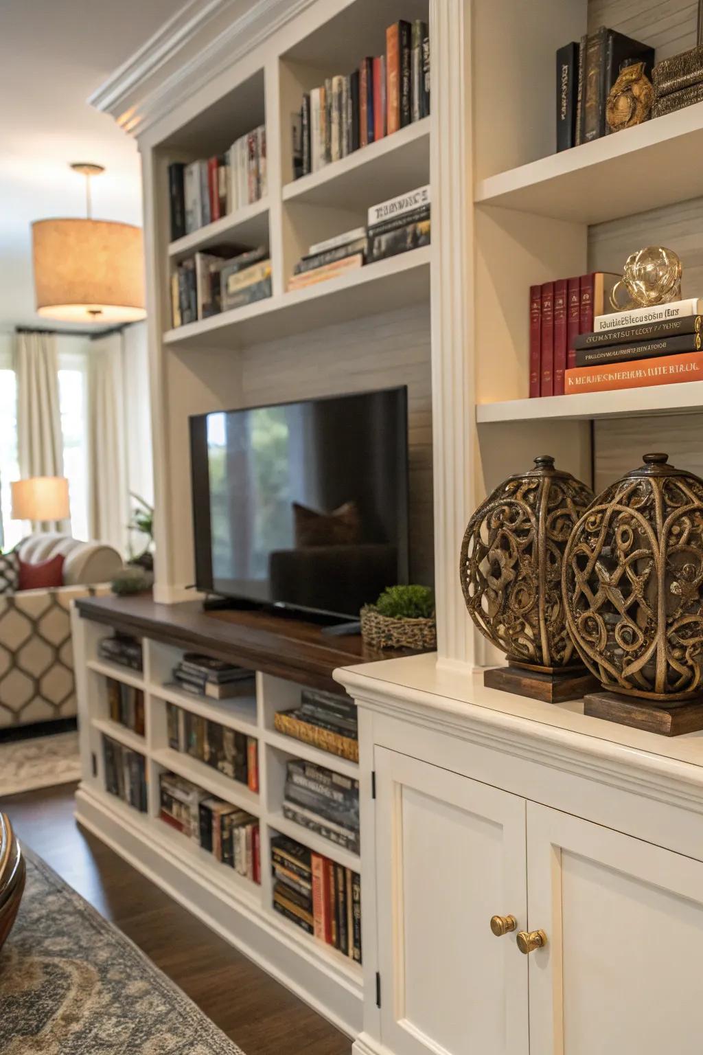 A mini library introduces a hint of sophistication to this entertainment space.