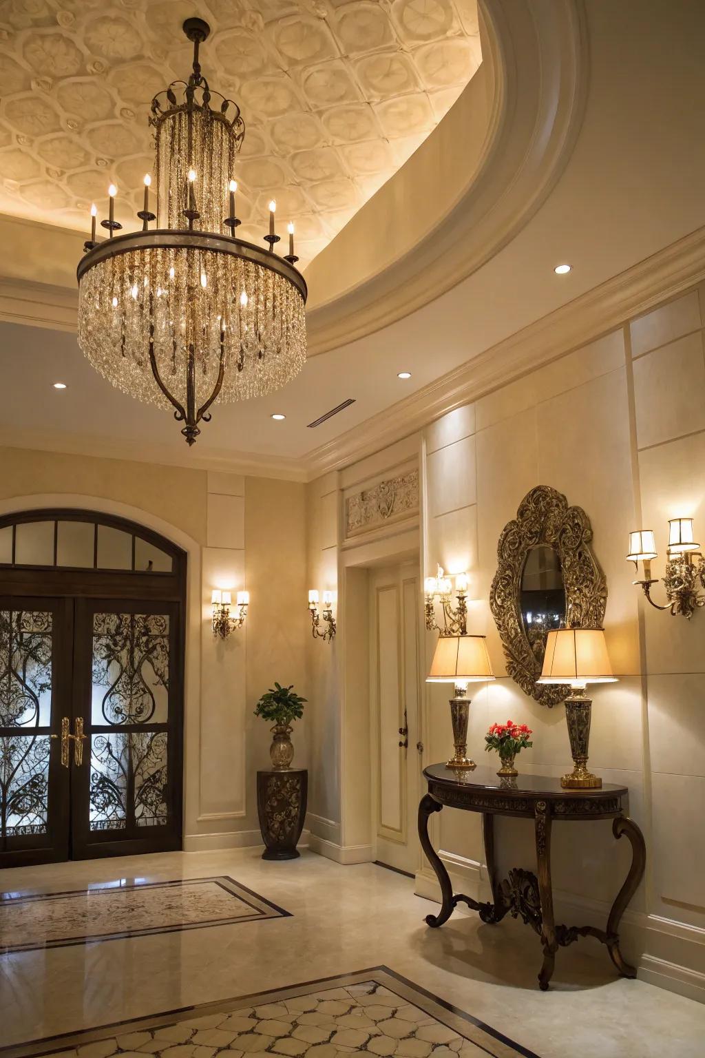 Tiered illumination adds depth to this elegant foyer.