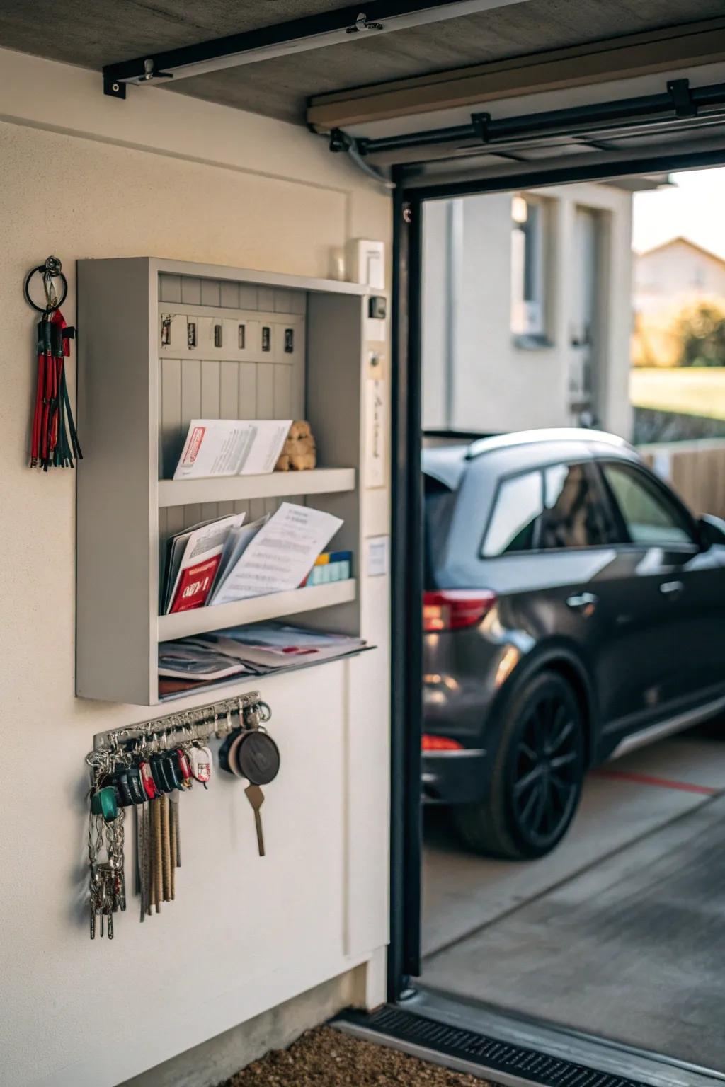 A shelf helps keep things organized.