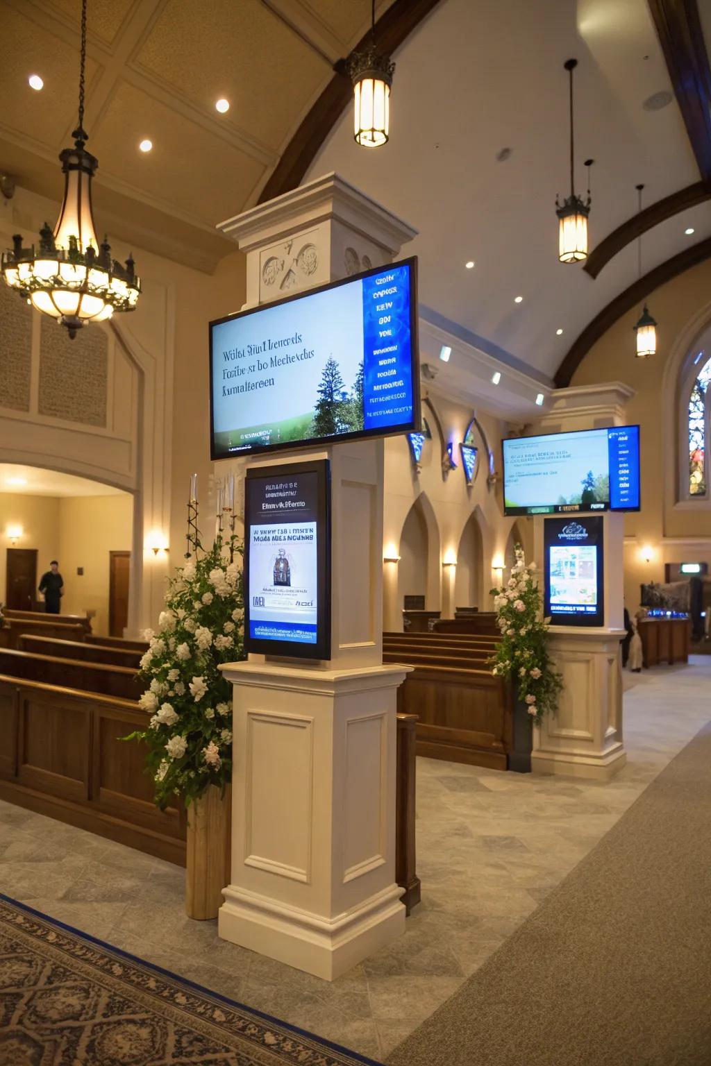 Interactive digital displays engage visitors in the church foyer.