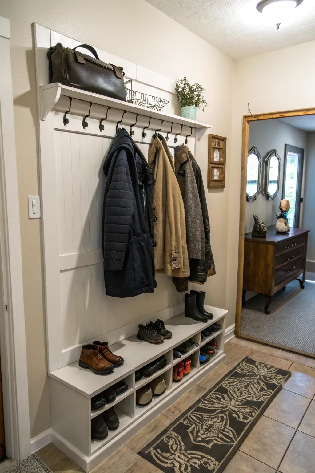 Merge storage necessities with an integrated rack for shoes and coats.