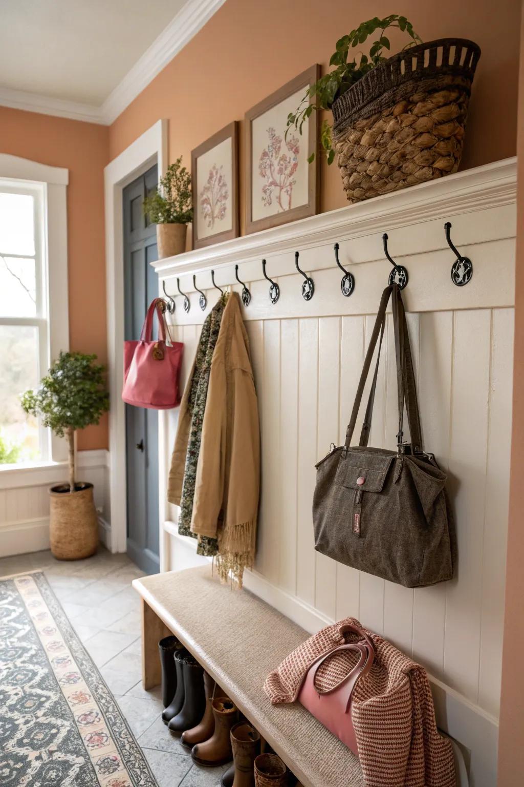 Ornamental pegs enhance both functionality and style within this mudroom.