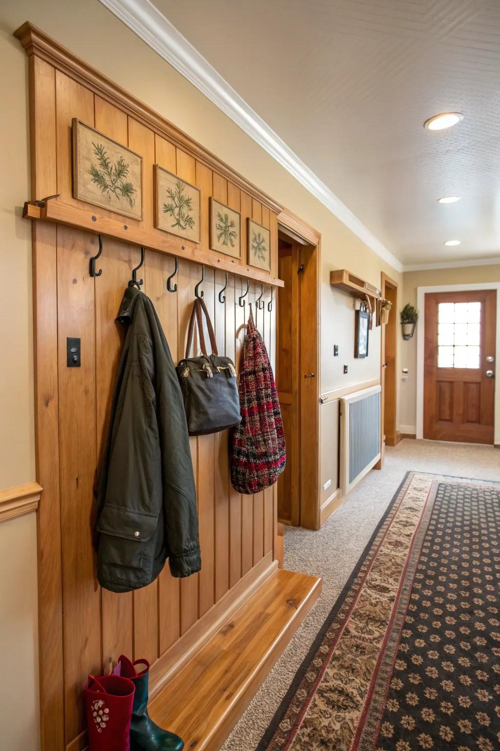 Integrated pegs provide style and practicality in the entryway.