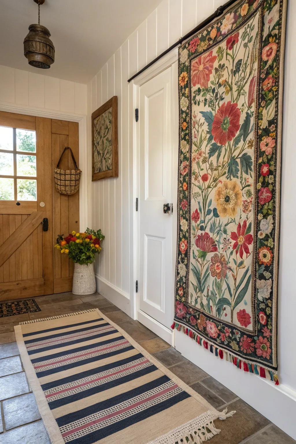 Pattern and texture blending fashions a lively foyer design.