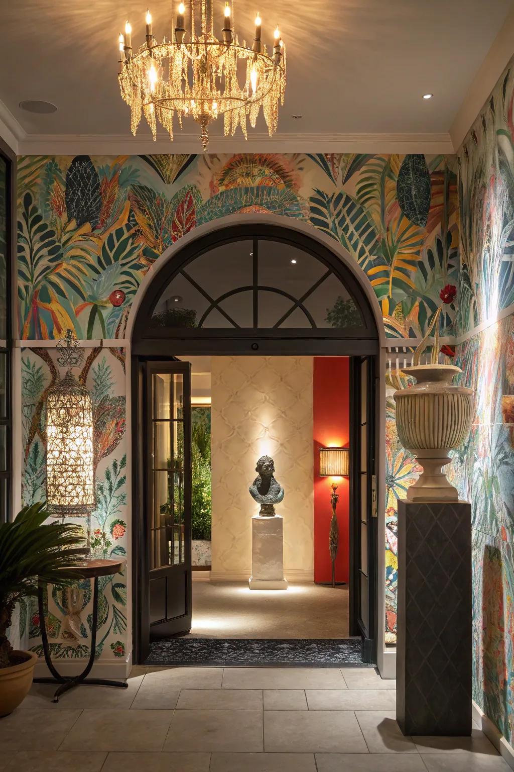 A creative entryway showcases mural wallpaper as an artistic masterpiece.