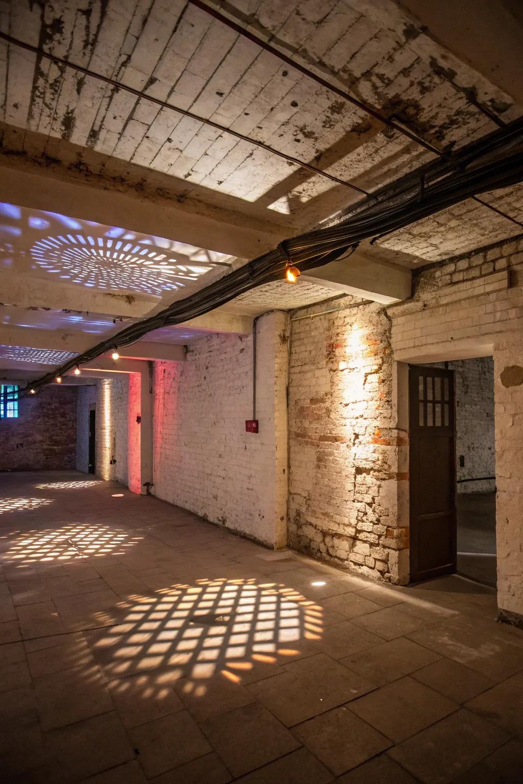 Spotlights create a captivating play of illumination and shadow in a basement.