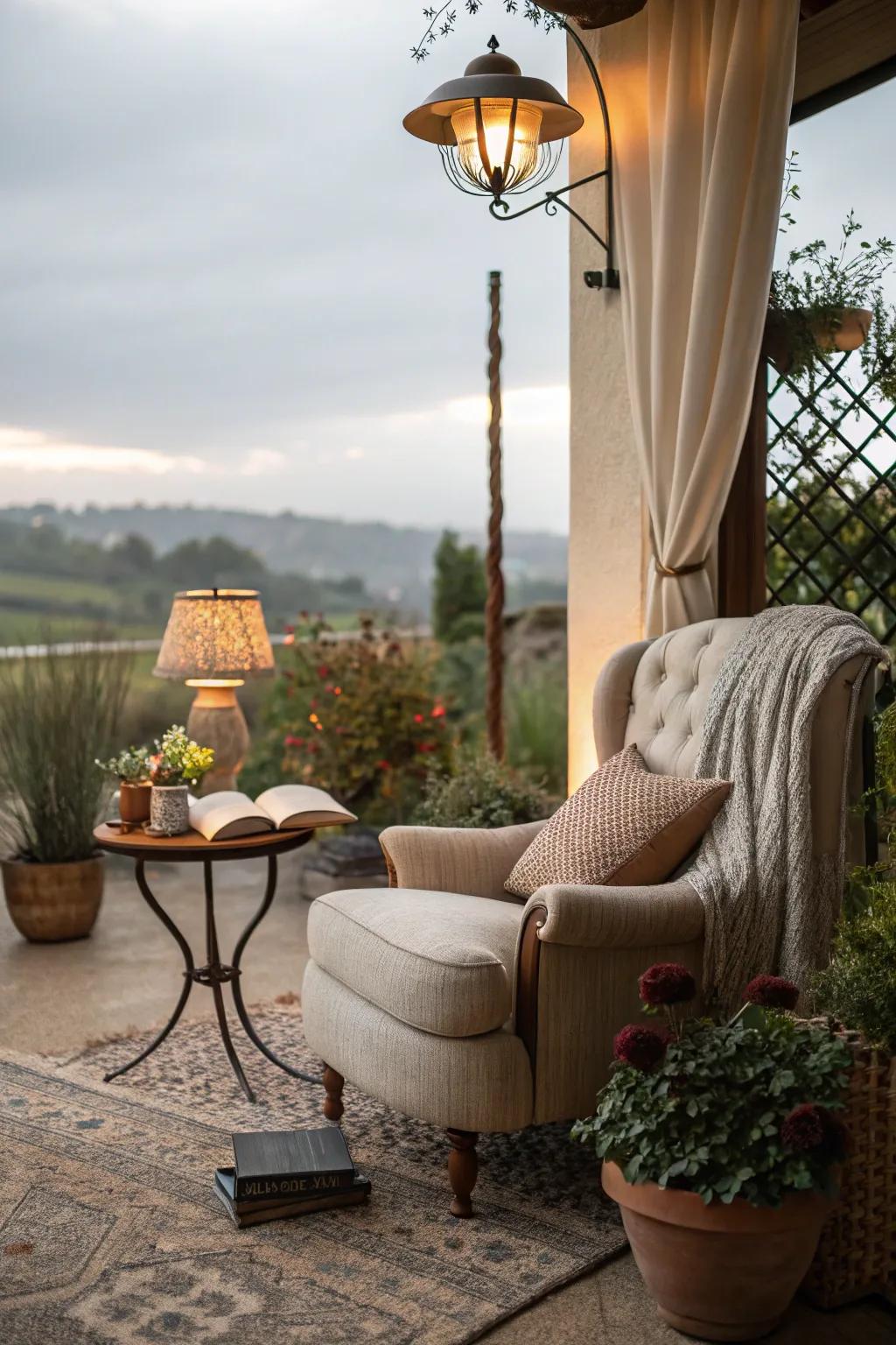 A comfortable reading area offers a peaceful escape on a patio.